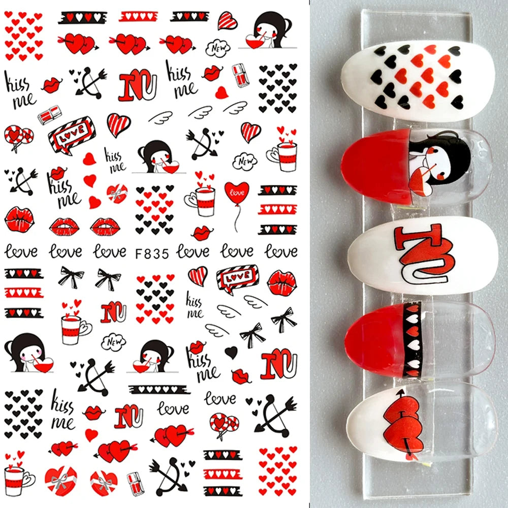 1PCS Black White Love Nail Stickers Letter Nail Design Flower Print Supplies Nail Art Decals Suitable For Women's Manicure