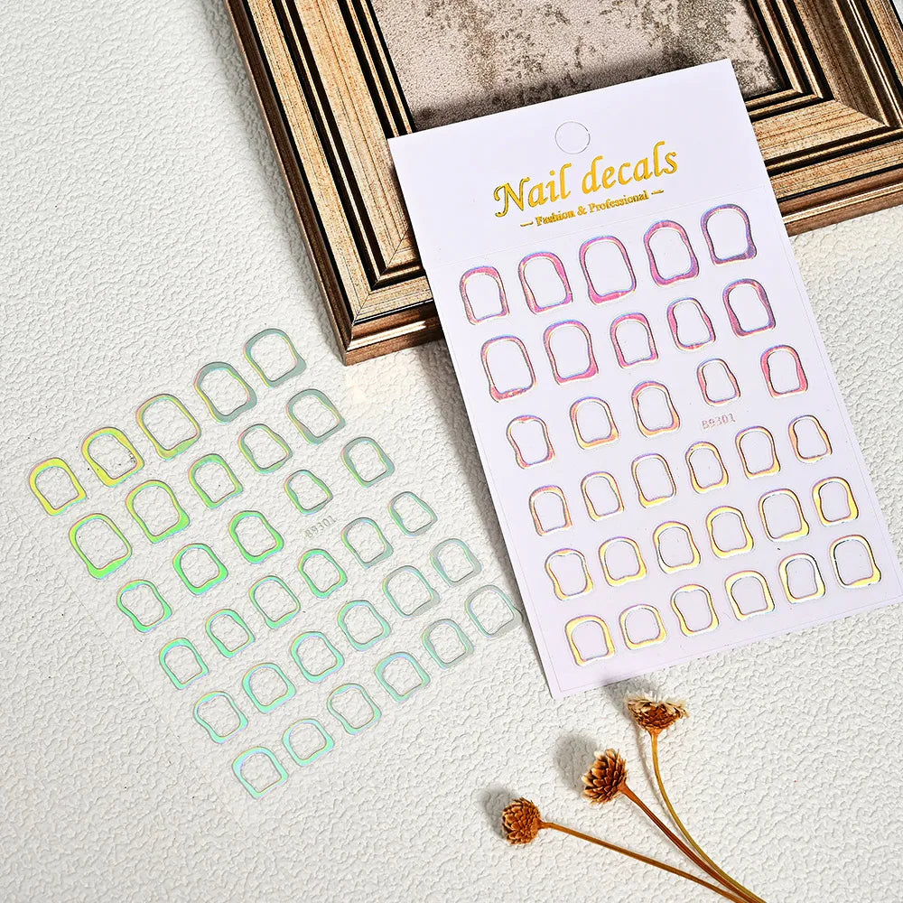 2pcs 3D Bronzing Gold Geometric Frames Nail Stickers Irregular Metallic Hollow Frame Nails Decals Square Geometric Nail Supplies