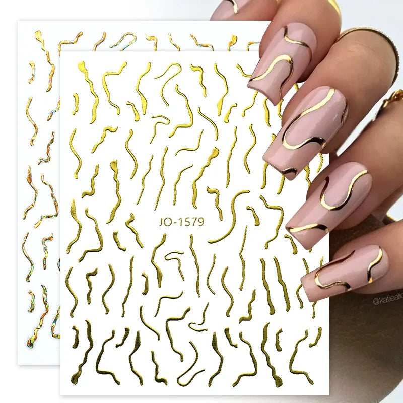 3D Nail Stickers Bronzing Gold Silver Lines Stripe Geometric Design Flowers Gradient Adhesive Slider Papers Nail Art Accessories