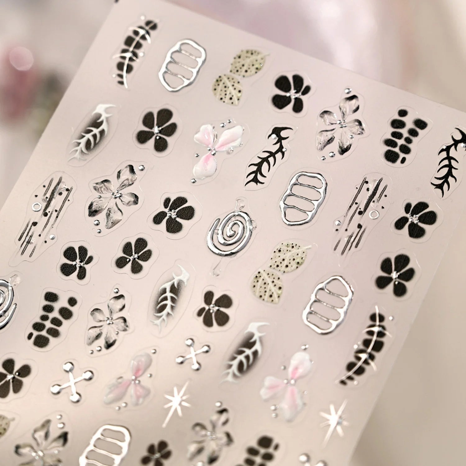 5D Black Silver Dream Thorn Clover Thorn Leaf Silver Spiral Pink Diamond Flower Silver Star Nail Art Stickers Embossed Decals