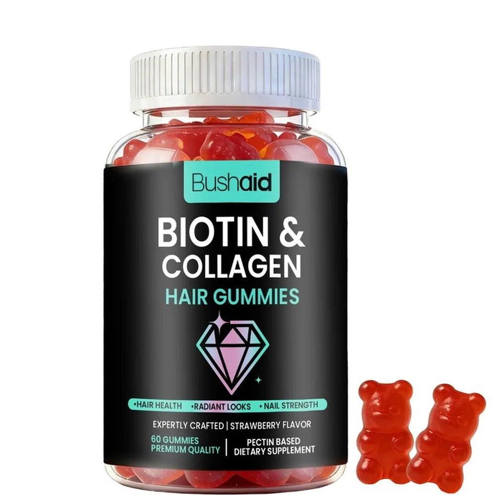 Bushaid Biotin Collagen Hair Gummies Strawberry Flavor Biotin 600mcg MSM Vitamins A D B6 B12 Non-GMO Vegan Gluten Free 60 Count