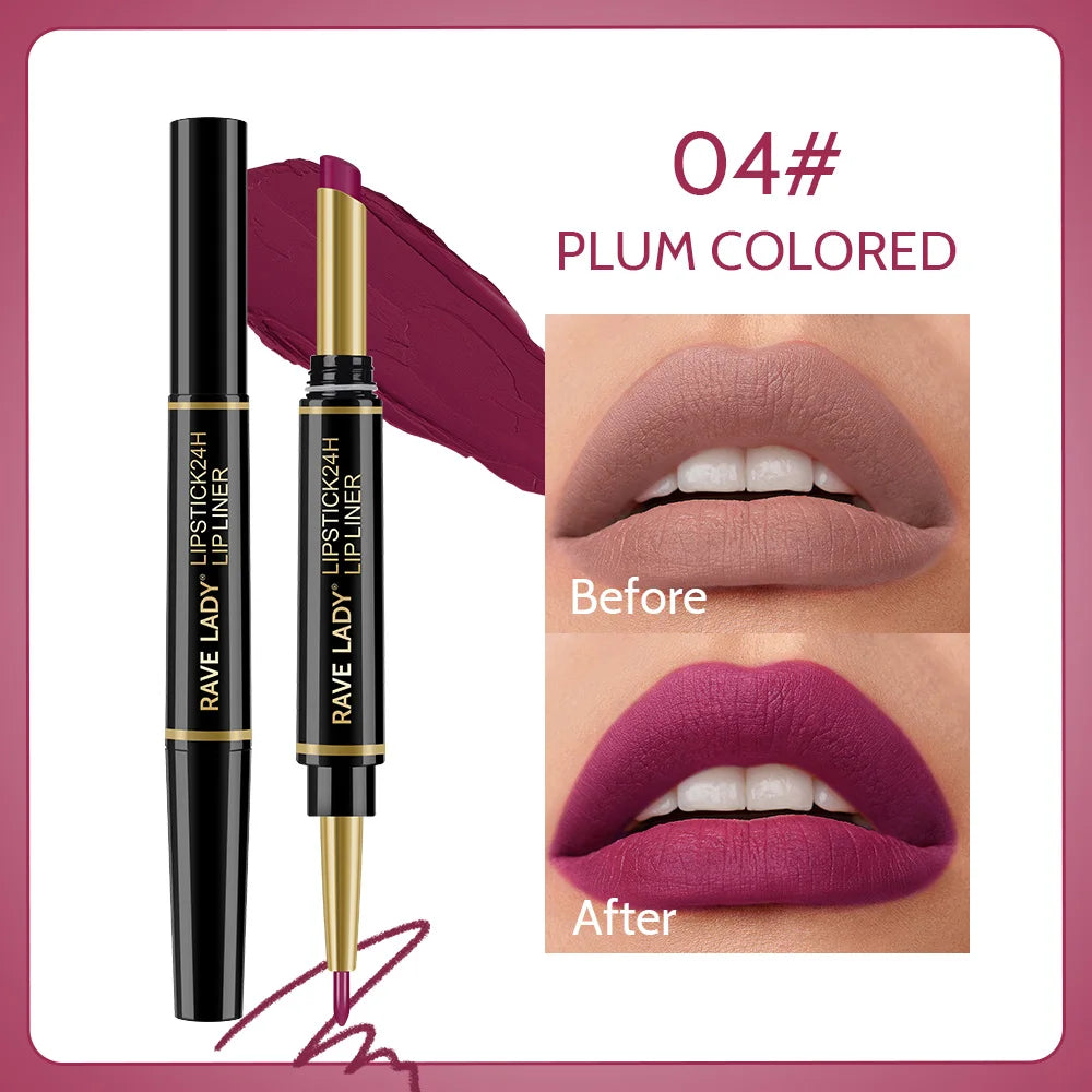 Rave Lady 2 IN 1 Matte Lipstick Lipliner Pencil 6 Color Christmas Gift Waterproof Lipstick Sexy Red Long Lasting Lipliner Makeup