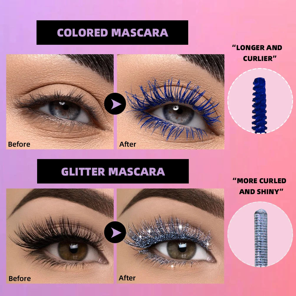 2 in 1 Matte Pink Mascara Eyelashes Blue Green Red Colorful Waterproof Curling Diamond Glitter Mascara Lasting Eye Makeup Tools