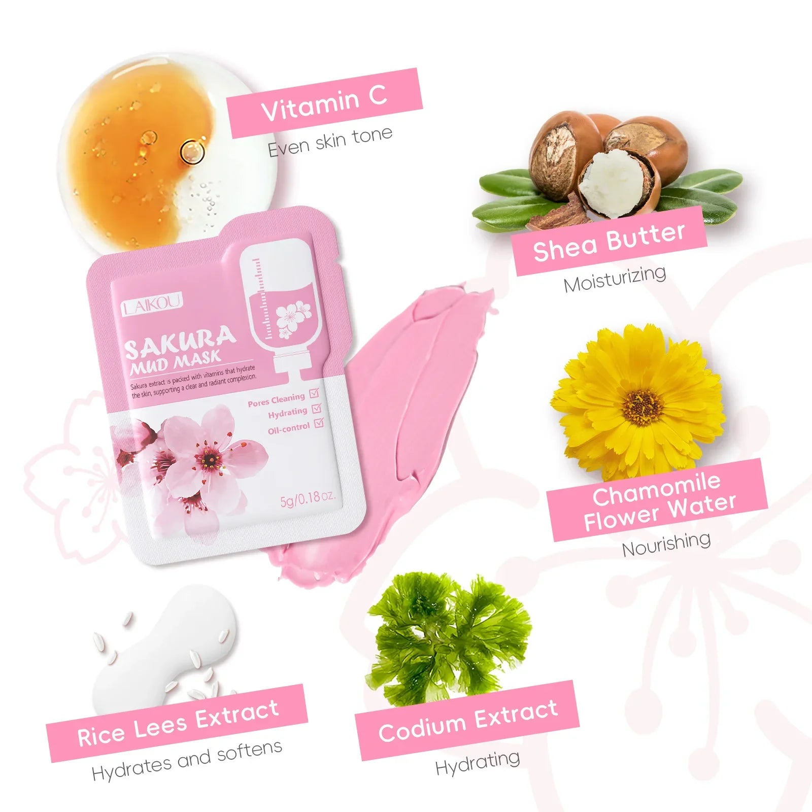 Laikou Sakura Clay Mask Trial Size Hydrating Deep Cleansing Pore Minimizing Brightening Face Mask Skin Care Product Mud Mask 5g