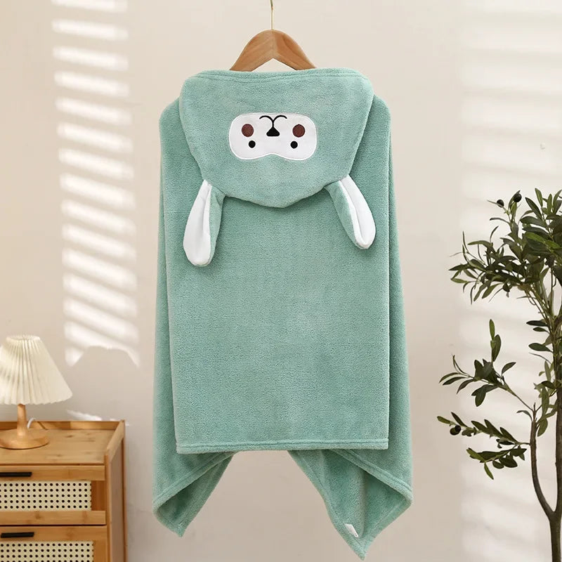 70*140cm Children's Hooded Bath Poncho Plush Coral Fleece Robe with Cartoon Cape Design Fast-Drying Baby Bath Towel