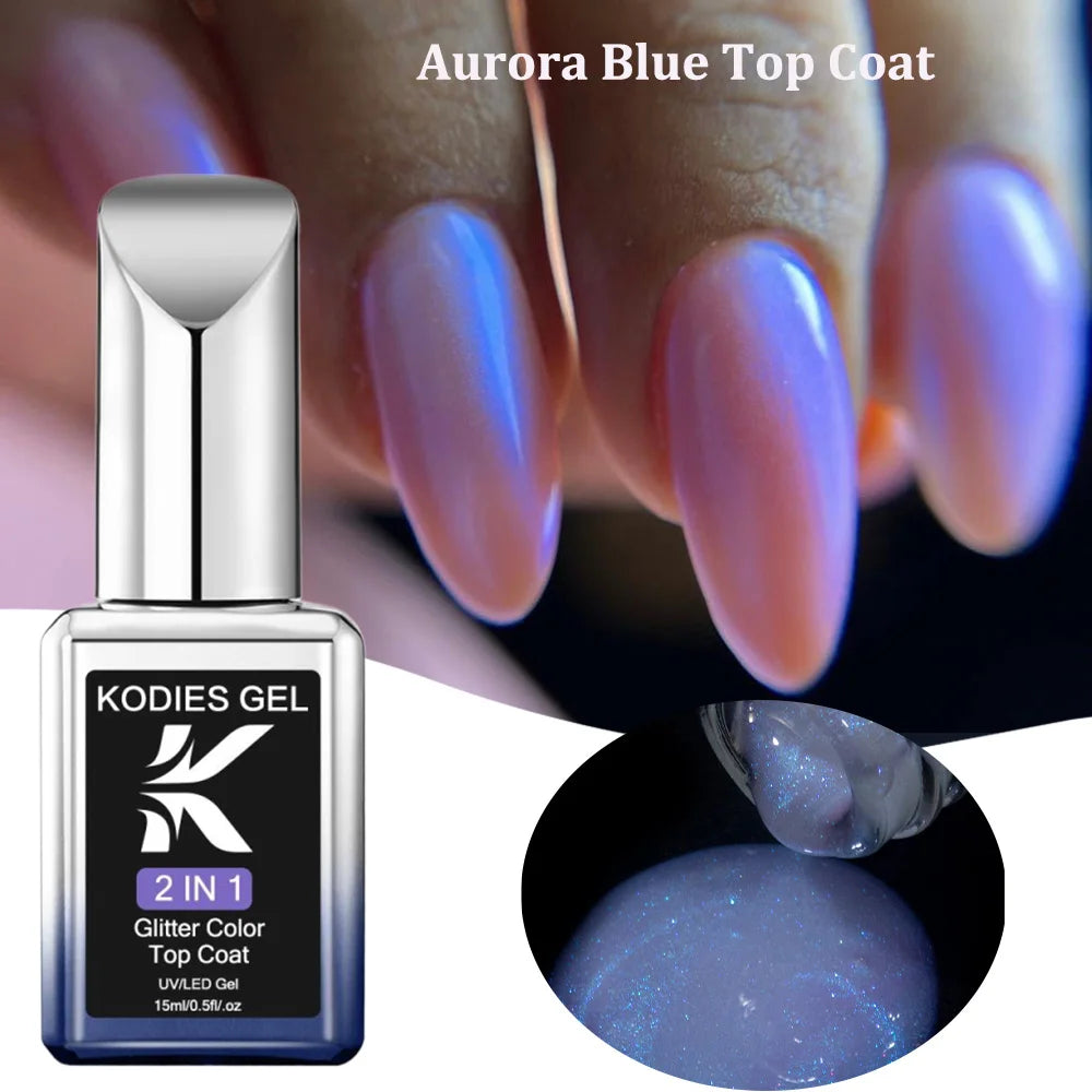 KODIES GEL Glitter Top Coat UV Gel Nail Polish Pearlescent Aurora Blue Gel Finish Sealer Semi Permanent Manicure Nail Supplies