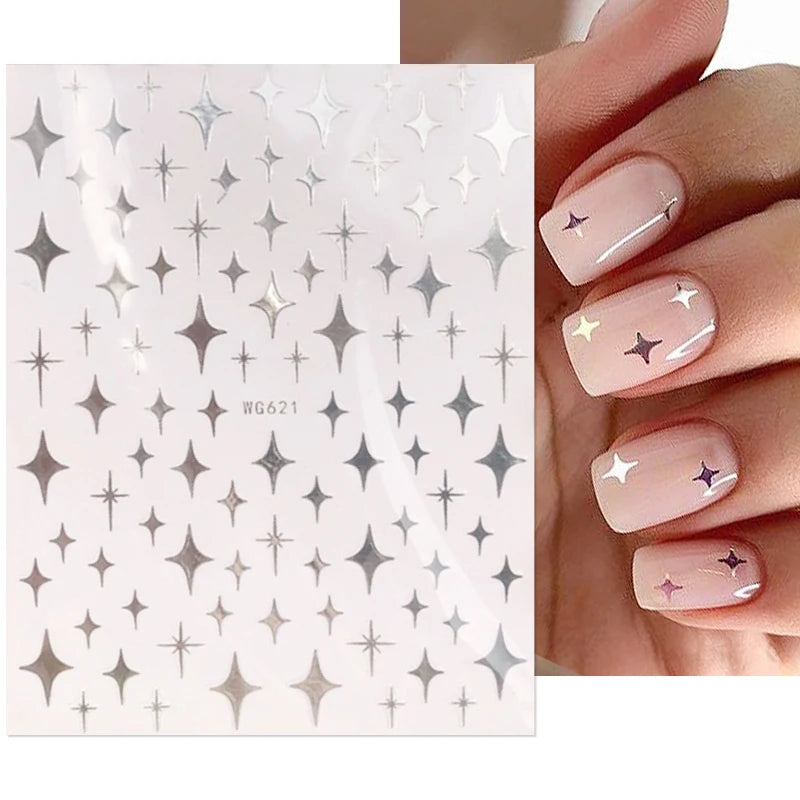 Shiny Gold Star Moon Sun Nail Stickers for Manicure Accessories Heart Feather Animals Printing Self Adhesive Nail Wrap