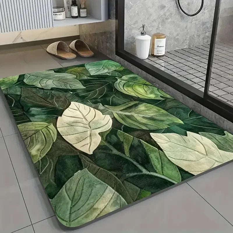VIKAMA Tropical Green Plant Leaves Bathroom Floor Mat Anti slip Water absorbing Carpet Bathroom Shower Room Decoration