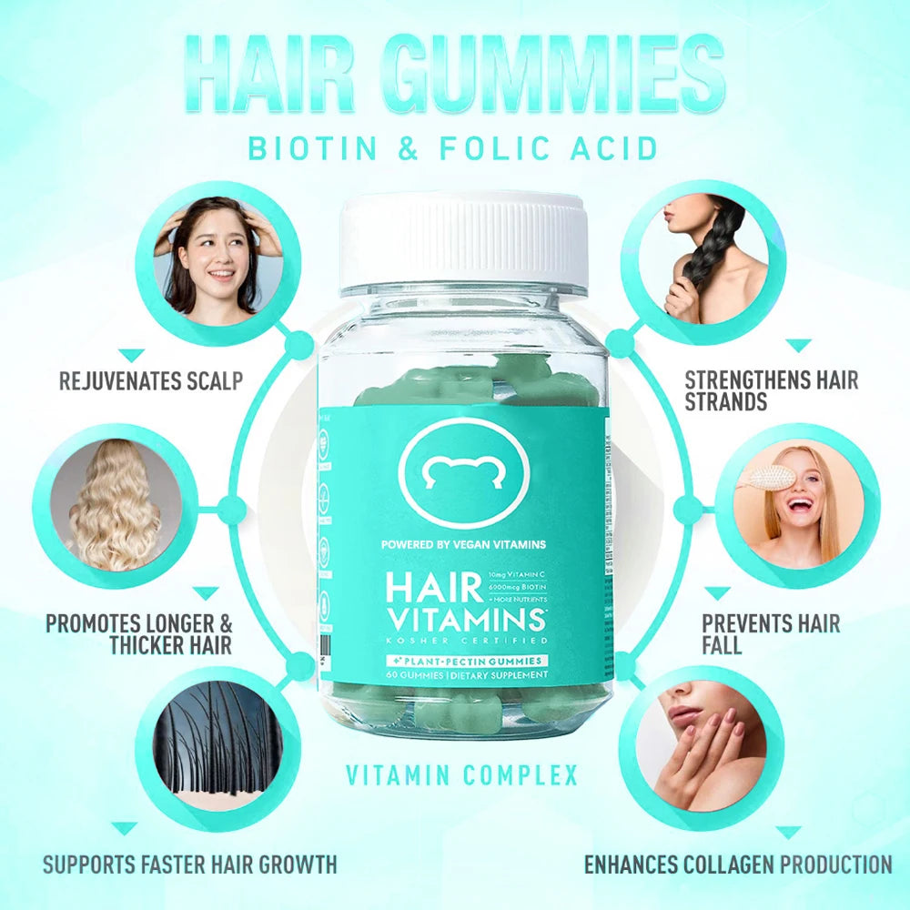 Premium Vegan Hair Vitamins Supplement - Hair, Skins & Nails Collagen & Biotin Gummies, Hair Growth Fast Gummy for Men & Women