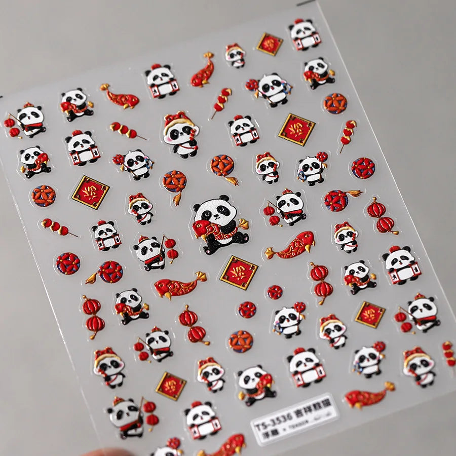 1pcs 5D Embossed Chinese Bamboo Panda Design Nail Art Kawaii Stickers Self-adhesive Transfer Nail Decorations Slider Decals DIY