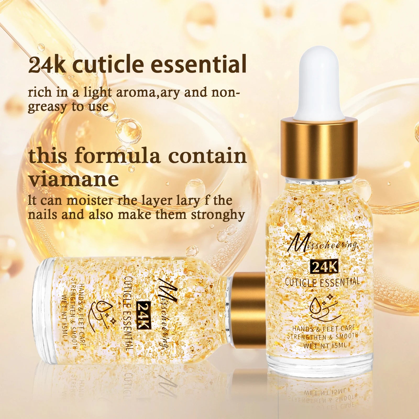 15ML Nail Cuticle Nutrient Oil 24k Gold Foil Cuticle Essence Nail Care Nutrition Oil Treatment  Strengthen Bright for Nails&Foot