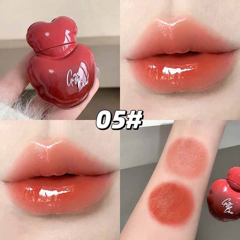 Gege Bear Heart Shape Water Light Lip Llaze Mirror Lipstick Lip Gloss, Hydrating Moisturizing, Long Lasting