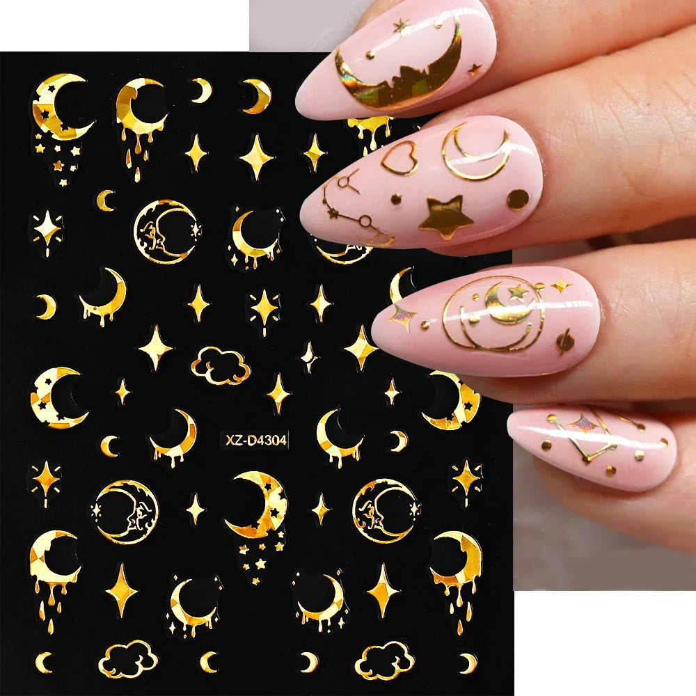 12Pcs 3D Laser Gold Silver Sun Star Moon Nail Stickers Y2K Snake/Starlight/Heart Adhesive Decals DIY Bronzing Nail Sliders