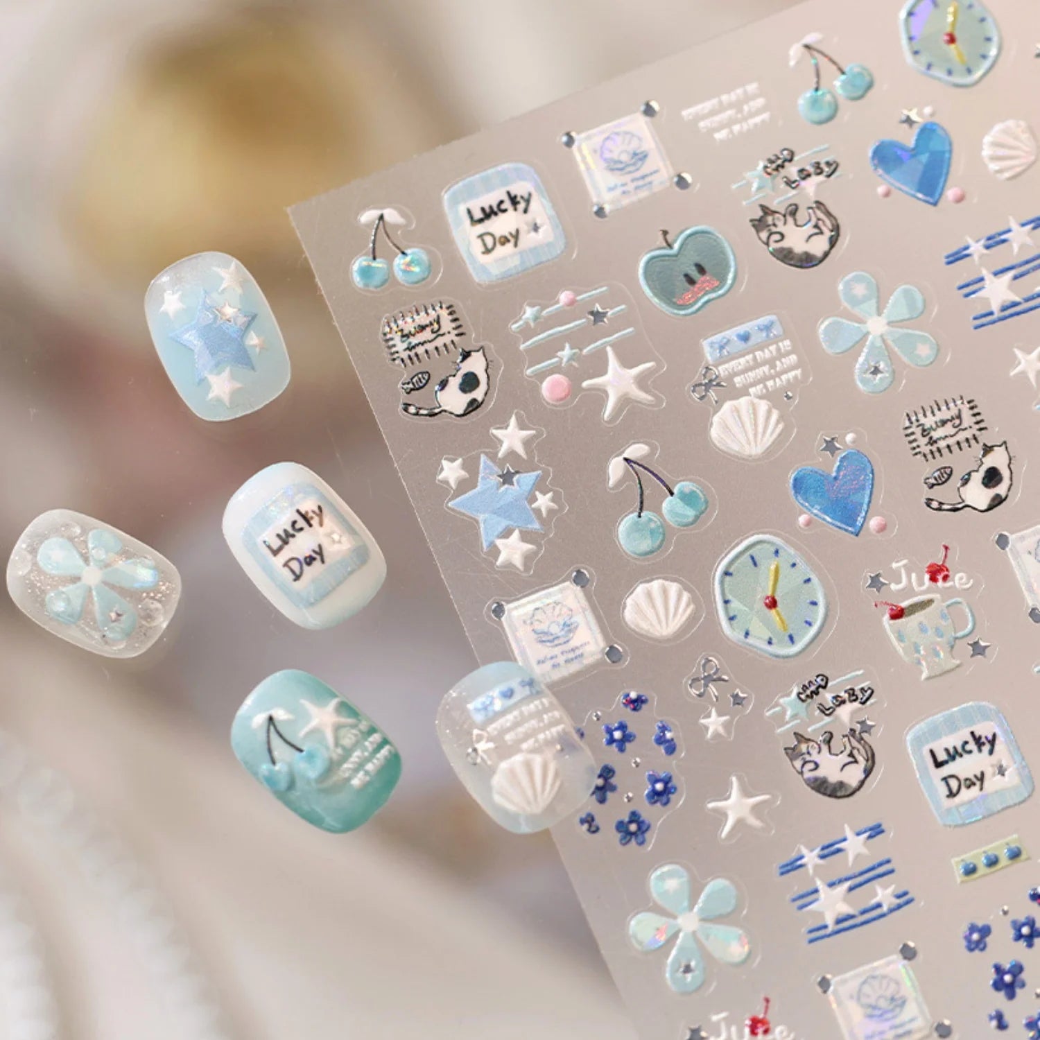 Light Blue 5D Nail Art Stickers Cartoon Cat Cherry Apple Clock Starfish Shell Blossom Decal Self Adhesive Sweet Fresh Manicure