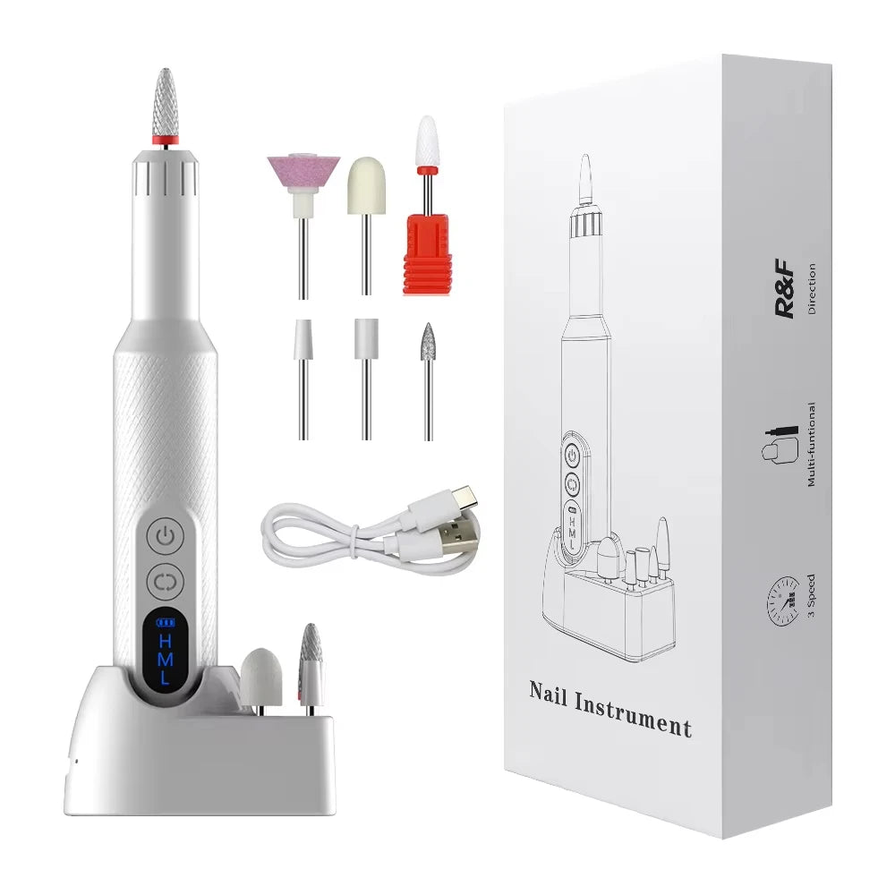 6in1 Wireless Nail Drill 15000RPM with LED Light and Screen Manicure Cutter Nail Repair Pedicure Milling Cutter Polisher Sander