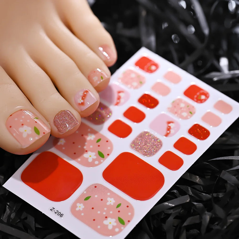 1pcs 22tips Gradient Glitter Full Toe Nail Wraps 3D Shiny Omber Pink/Purple/blue Toe Nail Polish Stickers Baking Free Toe Strips