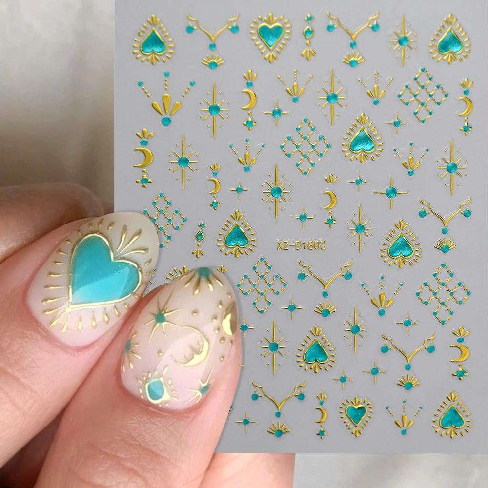5D Gold Snake Star Moon Nail Art Stickers Lake Blue Gem Love Heart Nail Decal Y2 Holographic Metal Evil Eye Bohemian Nail Slider