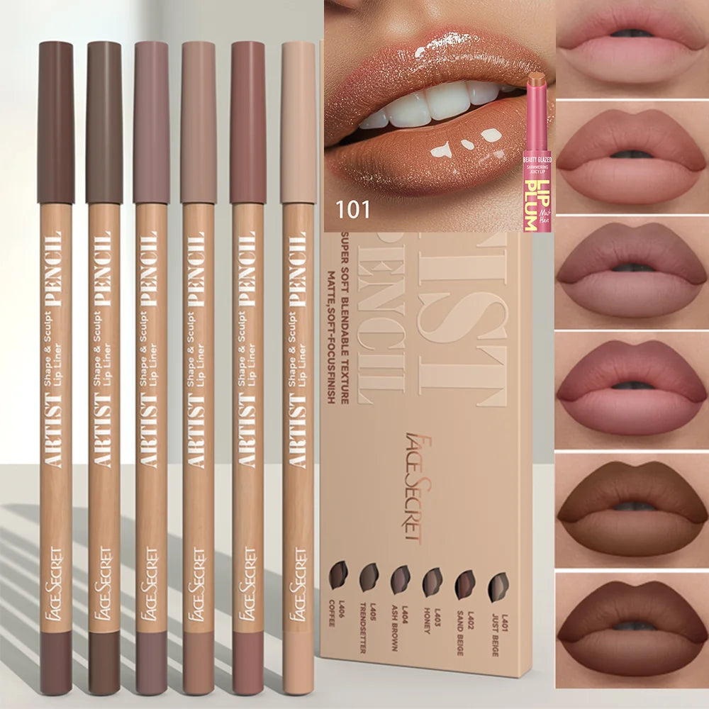 7Pcs Dark Brown Lip Liner with Color Lip Oil Lip Gloss Set, Moisturizing Solid Lip Gloss Jelly Lipstick, Matte Velvet Lipliner
