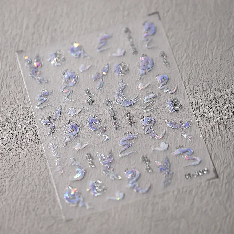 5D Kawaii Ink Wash Fairy Fox Dragon Loong Nail Art Stickers Cartoon Star Animals Backglue Nail Decoration Decals Accessories
