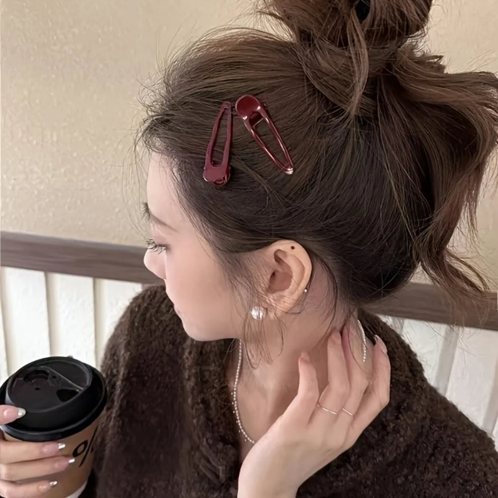 2pcs Advanced Wine Red Minimalist Oval Duckbill Clip Minimalist Side Broken Hair Clip Commuting Versatile Temperament Headband