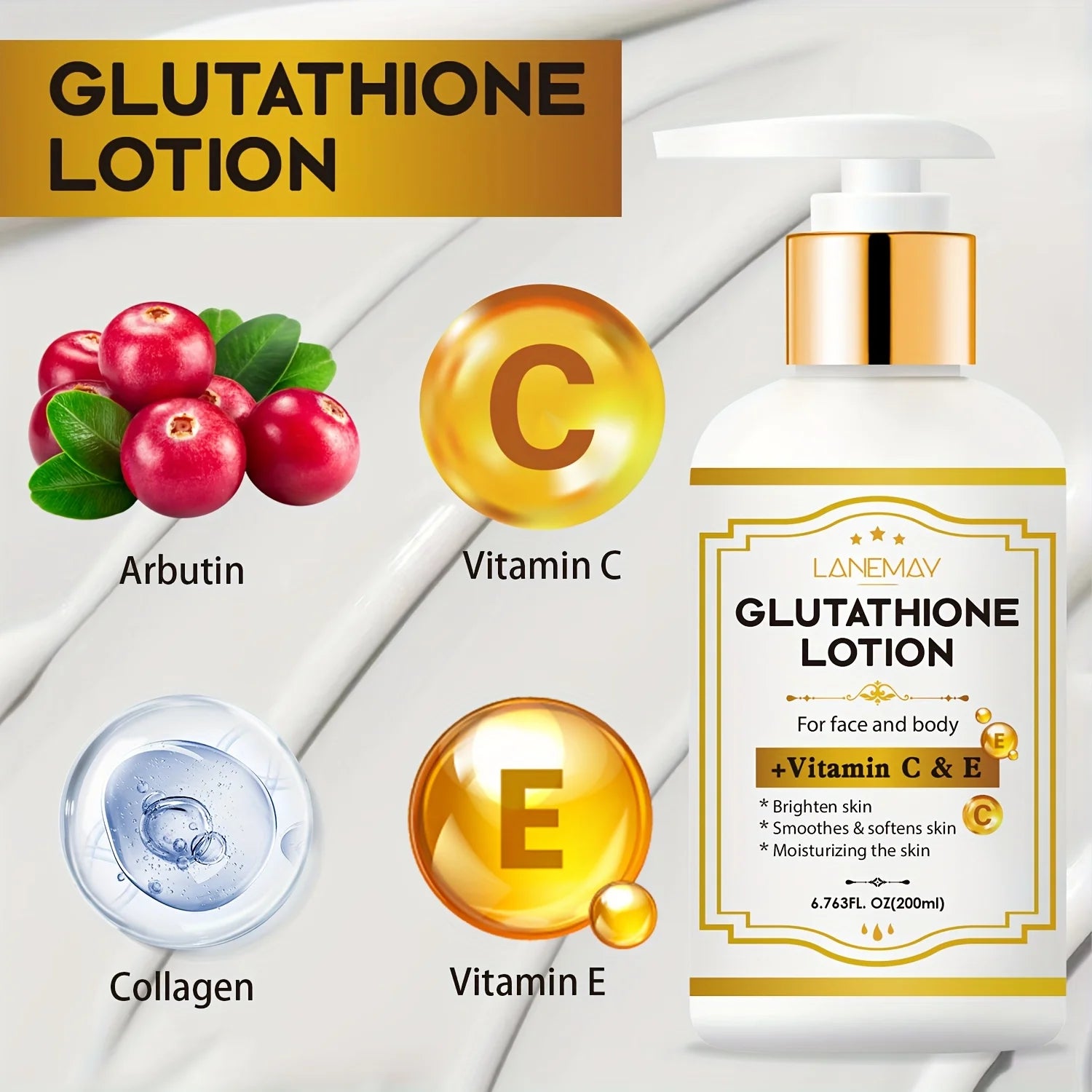 Glutathione Lotion with Vitamin C&E - Brightening, Hydrating & Face & Body Moisturizer for Dry, Cracked Light Beige,Paraben-Free