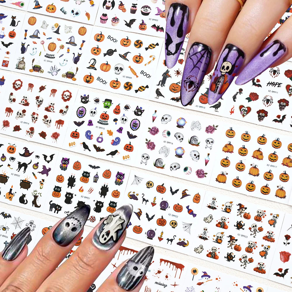 30Pcs 3D Halloween Cartoon Ghost Spider Bat Pumpkin Nail Stickers Mixed Punk Black Halloween Nail Decal 5x6cm Manicure Slider &*