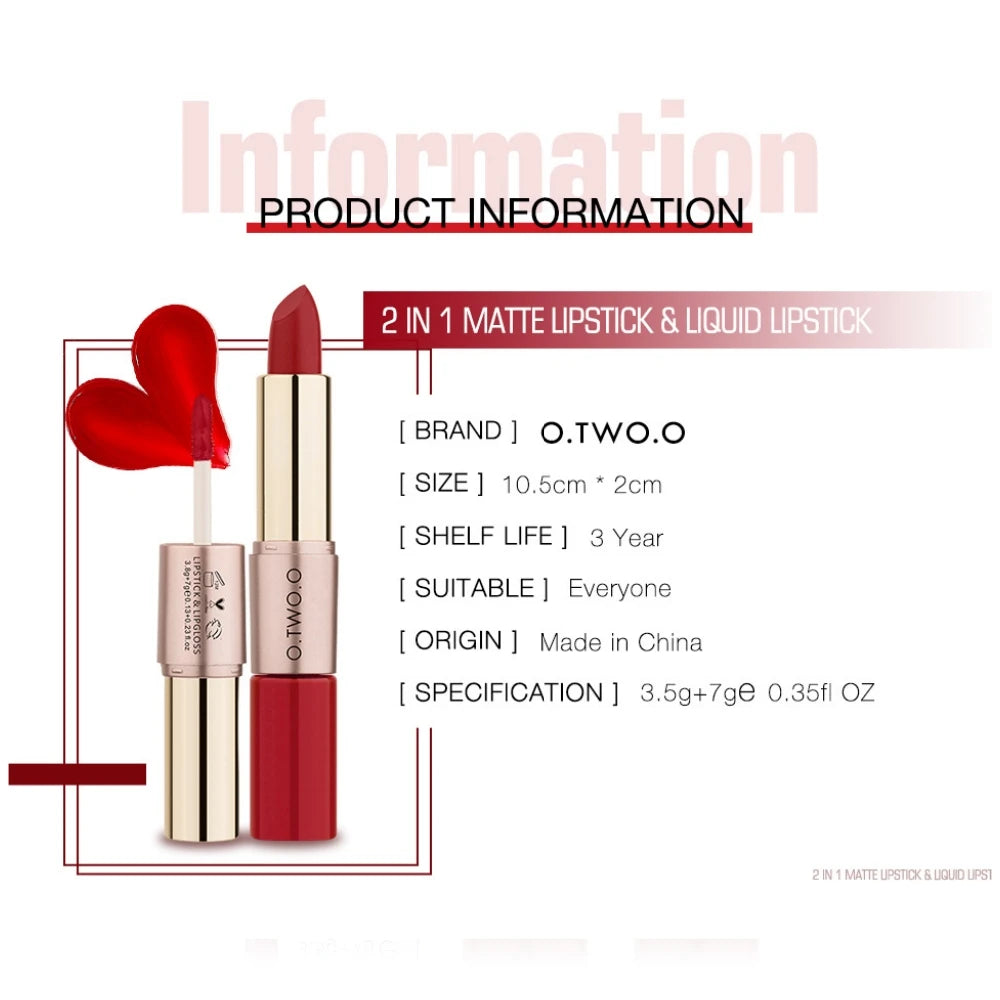 O.TWO.O 2 IN 1 Matte Lipstick&Liquid Lipstick 12 Colors Makeup Lip Glaze Waterproof Batom Lip Cosmetics Silky Texture