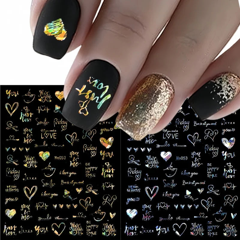 1PCS Laser Love Letter Nail Sticker Nail Art Decoration Flower Star supplies Decals Press On Nails Stickers Parts
