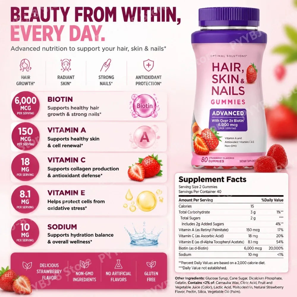 Biotin Gummie Strawberry Flavor with 6000Mcg Biotin & Vitamin Support Healthy Hair Skin and Nails 80pcs Nutritional Supplement