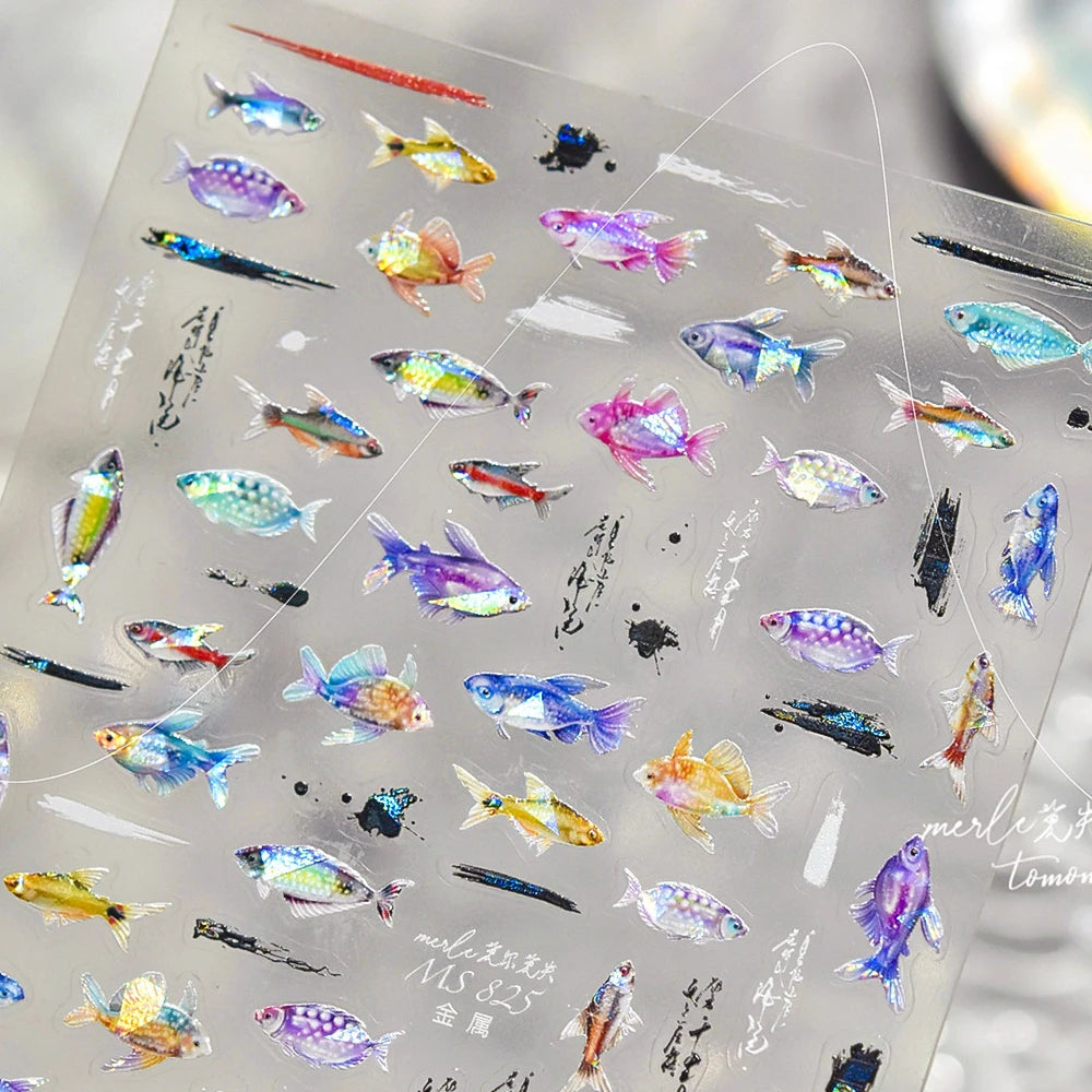 5D Rich Goldfish Nail Stickers Lotus Carp Ribbons Nail Art Appliqués Handmade Creative Nail Art Decorations