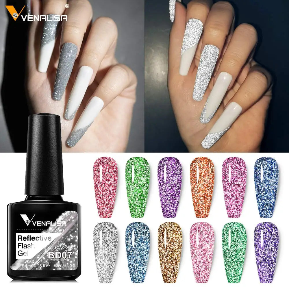VENALISA Reflective Disco Glitter Full Coverage Super Diamond Sparkle Pigment Gel Nail Polish Soak off UV LED Nail Gel Varnish
