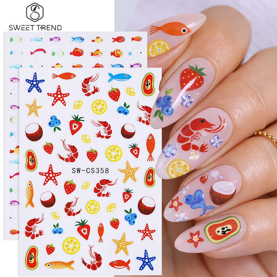 2pcs Mini Fish Nail Stickers Summer Ocean Fish Starfish Lobster Lemon Fruit Self-Adhesive Nail Decals DIY Manicure Decoration