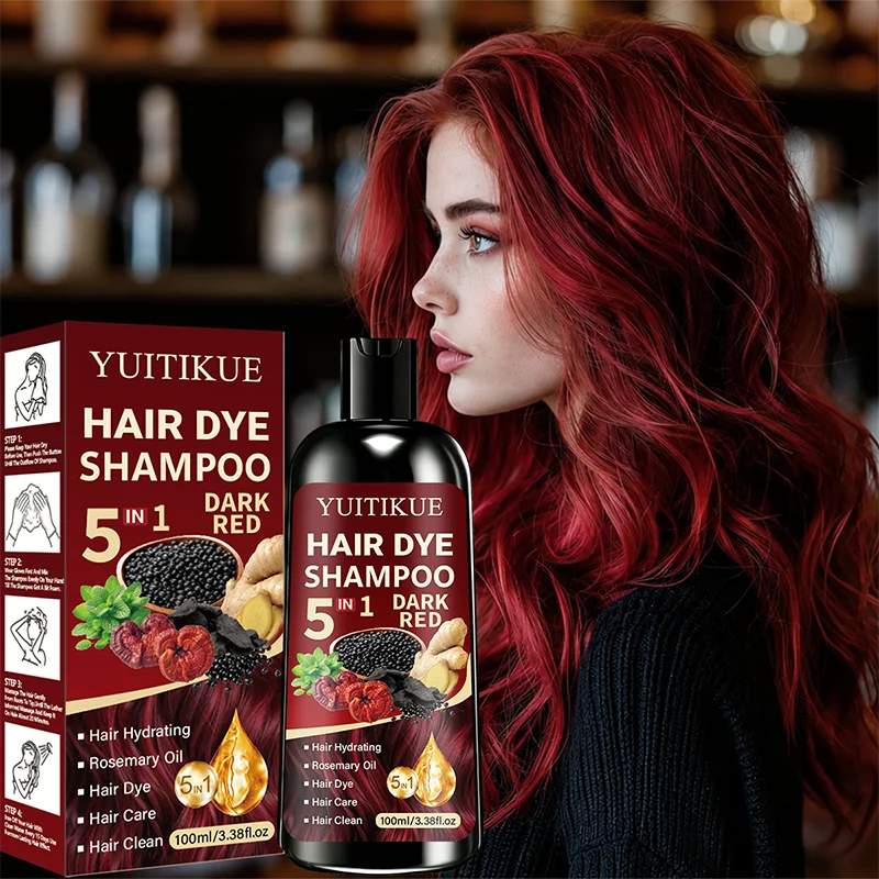 YUITIKUE 5 In 1 Hair Dye Shampoo Dark Red 100ml, Hydrating Rosemary Formula, Quick Color Shampoo For Gray White Hair