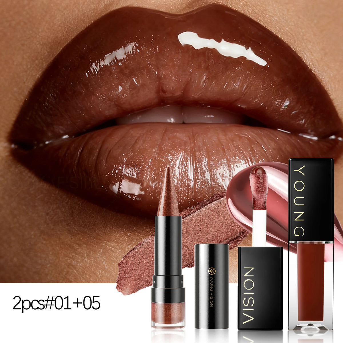 YOUNG VISION Dual-Finish Lipstick Pointed Tip 6 Colors Matte Pearl Shimmer Waterproof Kiss-Proof Non-Transfer