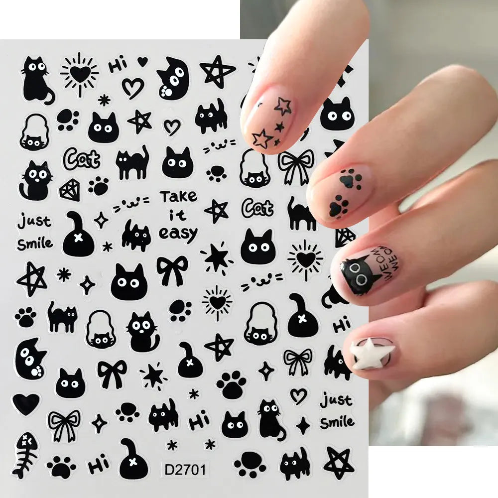 4pcs/set 3D Cute Cartoon Black Cat Nail Stickers Funny Cat Paw/Bowtie Self-Adhesive Nail Art Decals Manicure Accessories DIY 8*1
