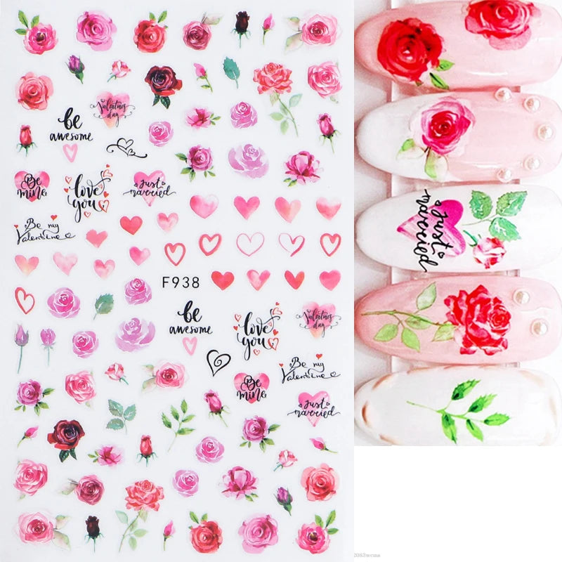 1PCS Black White Love Nail Stickers Letter Nail Design Flower Print Supplies Nail Art Decals Suitable For Women's Manicure