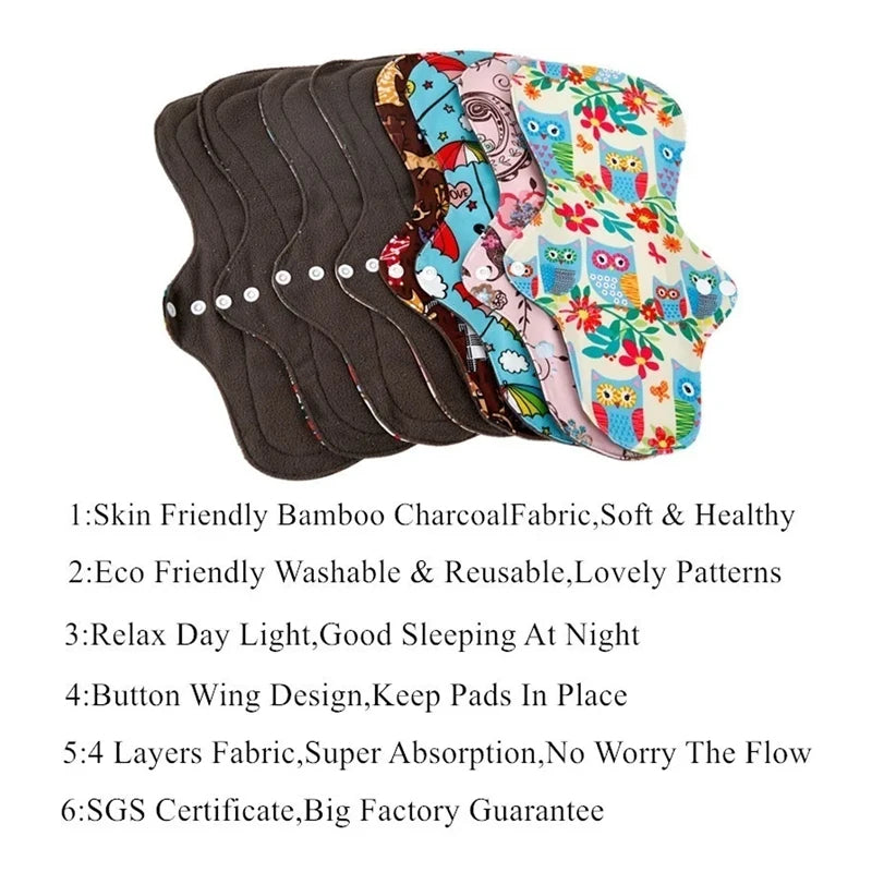 3 - 5 pcs Reusable Menstrual Pads Heavy Flow Women Menstrual Period Washable Sanitary Napkin Organic Bamboo Charcoal Cloth Pads