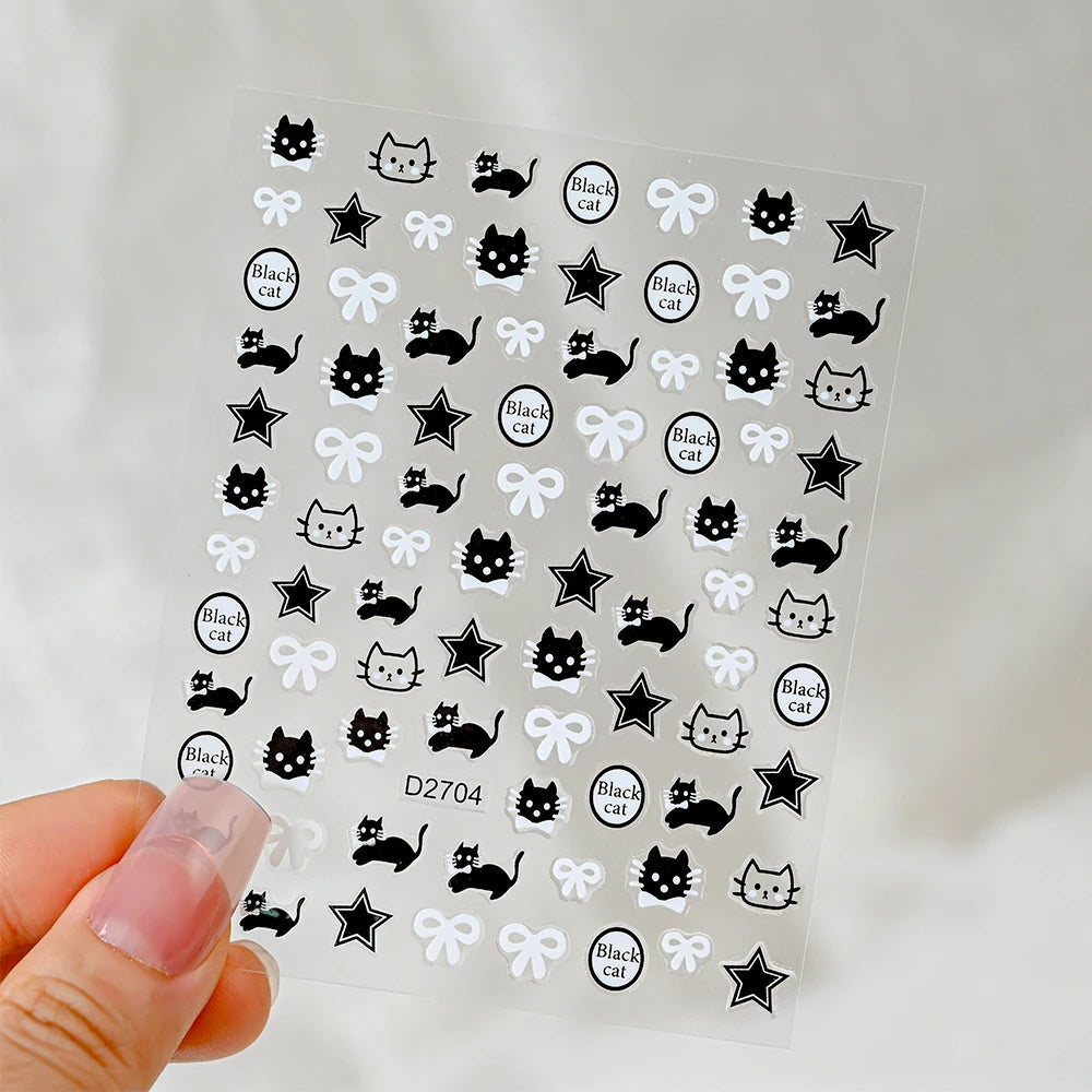 4pcs/set 3D Cute Cartoon Black Cat Nail Stickers Funny Cat Paw/Bowtie Self-Adhesive Nail Art Decals Manicure Accessories DIY 8*1