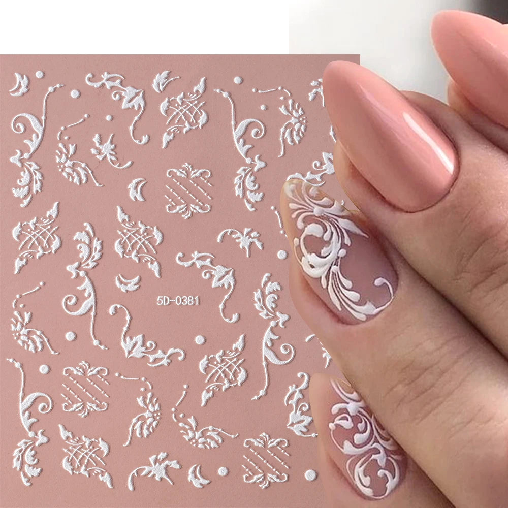5D White Face Flowers Nail Art Stickers 8x10cm Elegant Wedding Bride White Floret Nail Decal Self-Adhesive Flowers Nail Slider