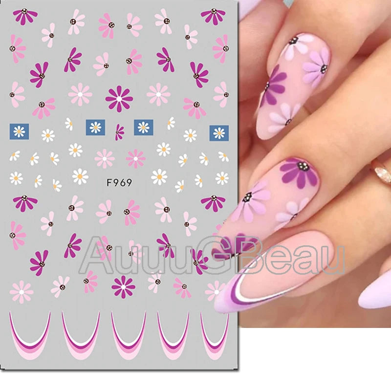 3d Nail Art Decals Geometric Lines Daisy Sunflowers Letters Adhesive Sliders Nail Stickers Decoration For Manicure