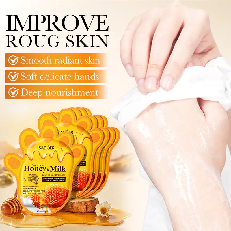5 Pairs SADOER Honey Milk Hand Mask 24Hour Moisture Lock Hand Care Gloves Nourish Dry Hands Soften Cutin And Smooth Skin