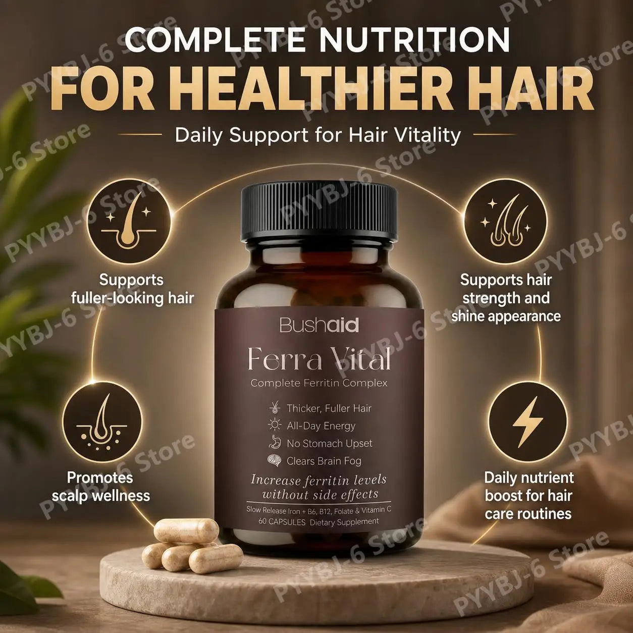 BushAid Ferra Vital Ferritin Complex with Iron Zinc Vitamins B6 B12 Supports Hair Shine Energy Focus Scalp Wellness 60 Capsules