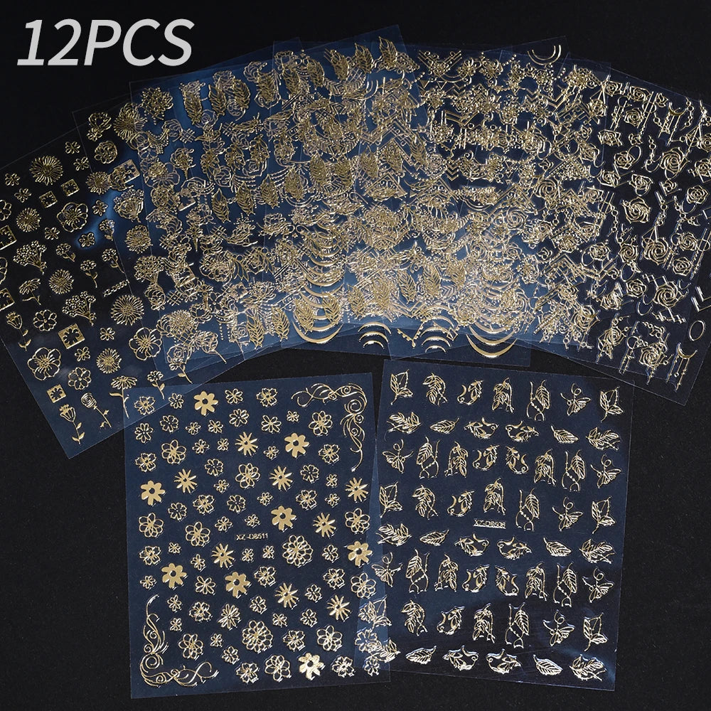 12Pcs 3D Laser Gold Silver Sun Star Moon Nail Stickers Y2K Snake/Starlight/Heart Adhesive Decals DIY Bronzing Nail Sliders