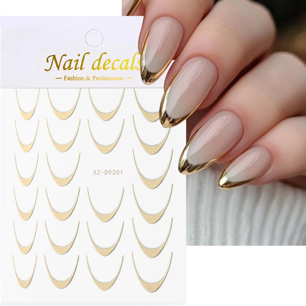3D Metallic Silver French Line Nail Stickers C Curve Stripe Lines Metal French Nail Decals French Manicure Nail Decoration *1PCS