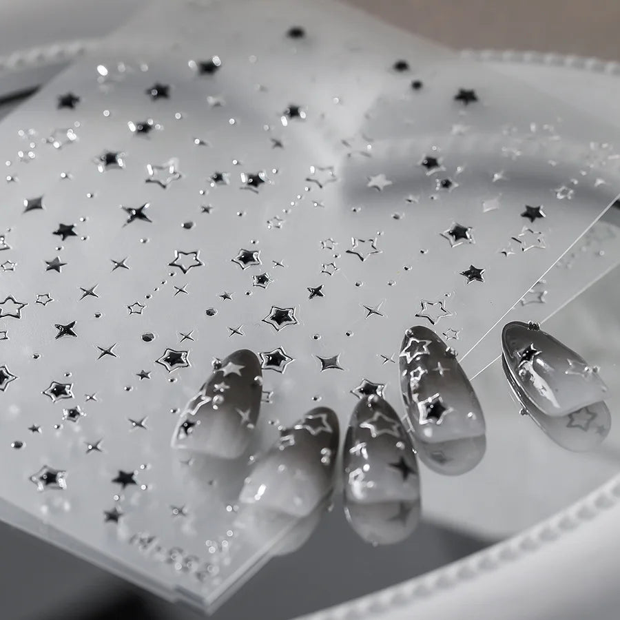 5D Luxury Star Nail Stickers for Nail Art Stars Black Silver Nail Decals Gilding Hollow Out Five-Pointed Nail Art Design Slider