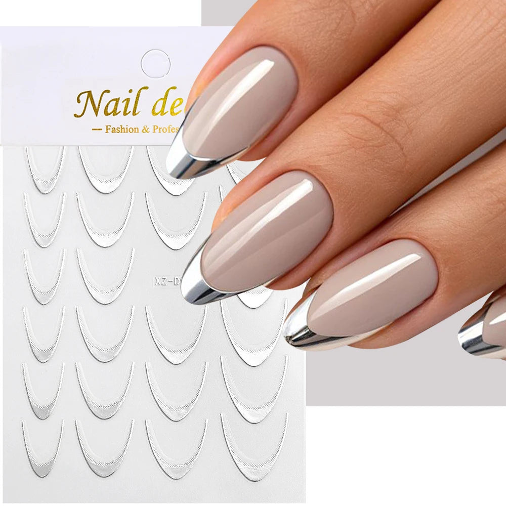 3D Metallic Silver French Line Nail Stickers C Curve Stripe Lines Metal French Nail Decals French Manicure Nail Decoration *1PCS