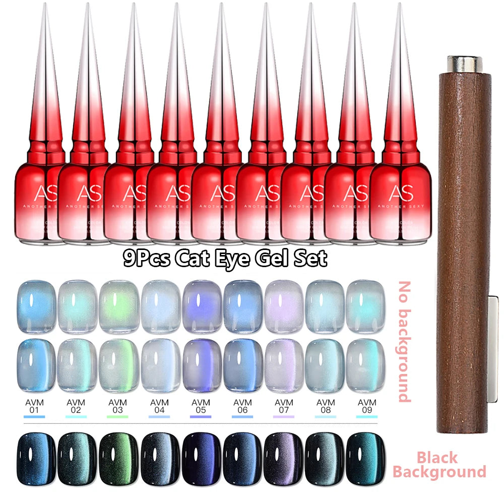 AS 9pcs Cat Eye Magnetic Moonlight Gel Nail Polish Set 15ml Sparkle White Silver Water Light Red UV Gel Nail Art Manicure Vernis