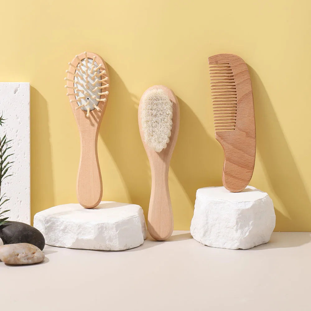 3PCS Newborn Wool Baby Wooden Brush Comb Newborn Hair Brush Infant Head Massager Portable Comb Hair Bath Brush Comb