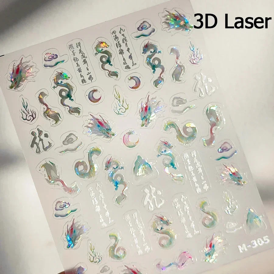 5D Kawaii Ink Wash Fairy Fox Dragon Loong Nail Art Stickers Cartoon Star Animals Backglue Nail Decoration Decals Accessories