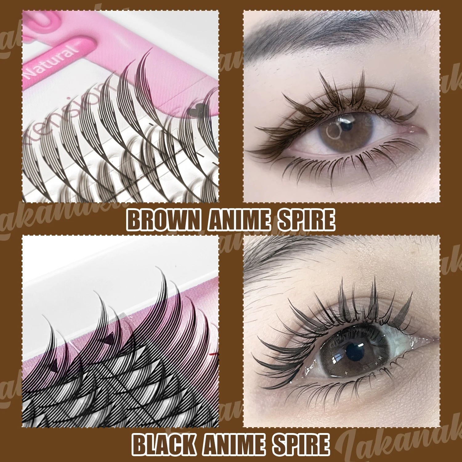 LAKANAKU Brown Anime Comic Spire Eyelashes Extension Feather Shape 0.07mm Premade Anime Chunk Spikes Fan Lashes Wispy Eyelashes